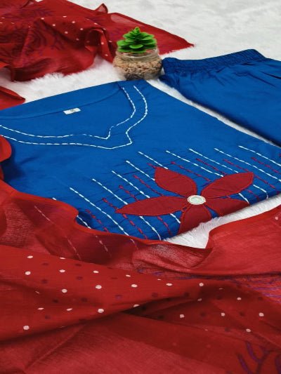 Stylish Blue Neck handwork Cotton Straight Suit Set - BONYHUBSALWAR KAMEEZ