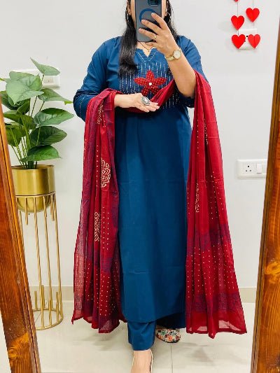 Stylish Blue Neck handwork Cotton Straight Suit Set - BONYHUBSALWAR KAMEEZ