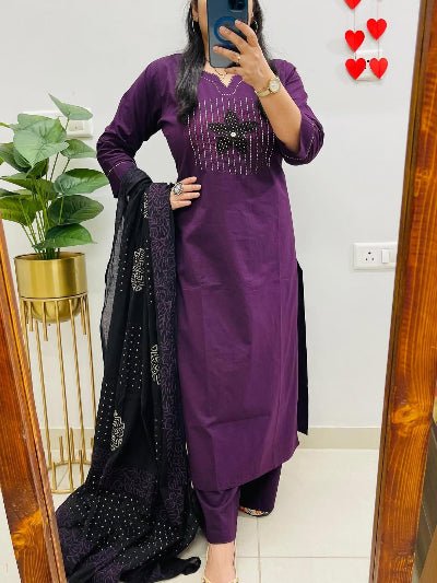 Trendy Purple Neck handwork Cotton Straight Suit Set - BONYHUBSALWAR KAMEEZ