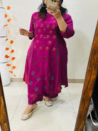 Elegant Magenta Thread Detailing Cotton Kurti Pant Set Of 2 - BONYHUBSALWAR KAMEEZ