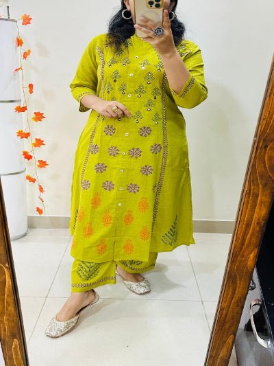 Elegant Lime Green Thread Detailing Cotton Kurti Pant Set Of 2 - BONYHUBSALWAR KAMEEZ