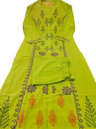 Elegant Lime Green Thread Detailing Cotton Kurti Pant Set Of 2 - BONYHUBSALWAR KAMEEZ