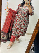 Classic Red Azrak Print Embroidery Cotton Straight Suit Set - BONYHUBSALWAR KAMEEZ