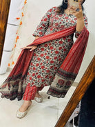 Classic Red Azrak Print Embroidery Cotton Straight Suit Set - BONYHUBSALWAR KAMEEZ