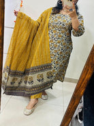 Classic Yellow Print Embroidery Cotton Straight Suit Set - BONYHUBSALWAR KAMEEZ