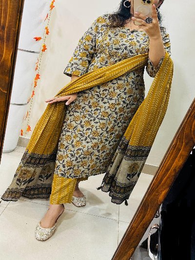 Classic Yellow Print Embroidery Cotton Straight Suit Set - BONYHUBSALWAR KAMEEZ