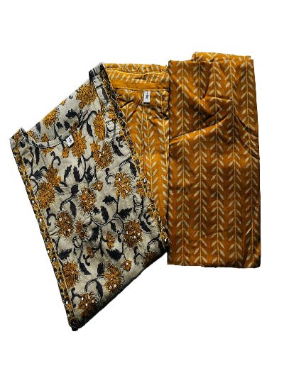 Classic Yellow Print Embroidery Cotton Straight Suit Set - BONYHUBSALWAR KAMEEZ