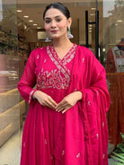 Trendy Hot Pink Angrakha Cotton Anarkali Suit Set - BONYHUBSALWAR KAMEEZ