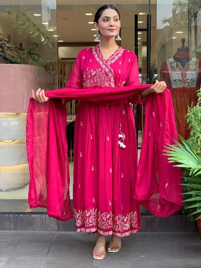 Trendy Hot Pink Angrakha Cotton Anarkali Suit Set - BONYHUBSALWAR KAMEEZ
