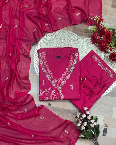 Trendy Hot Pink Angrakha Cotton Anarkali Suit Set - BONYHUBSALWAR KAMEEZ