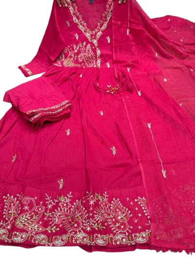Trendy Hot Pink Angrakha Cotton Anarkali Suit Set - BONYHUBSALWAR KAMEEZ