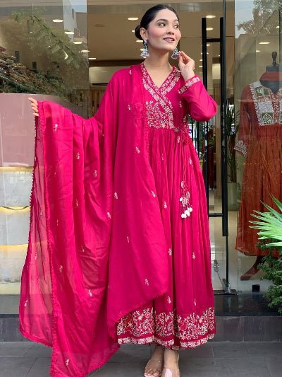 Trendy Hot Pink Angrakha Cotton Anarkali Suit Set - BONYHUBSALWAR KAMEEZ