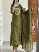 Beautiful Olive Green Cotton Embroidered Yoke Straight Suit Set - BONYHUBSALWAR KAMEEZ