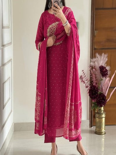 Beautiful Magenta Cotton Embroidered Yoke Straight Suit Set - BONYHUBSALWAR KAMEEZ