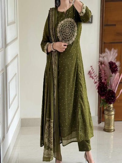Beautiful Olive Green Cotton Embroidered Yoke Straight Suit Set - BONYHUBSALWAR KAMEEZ