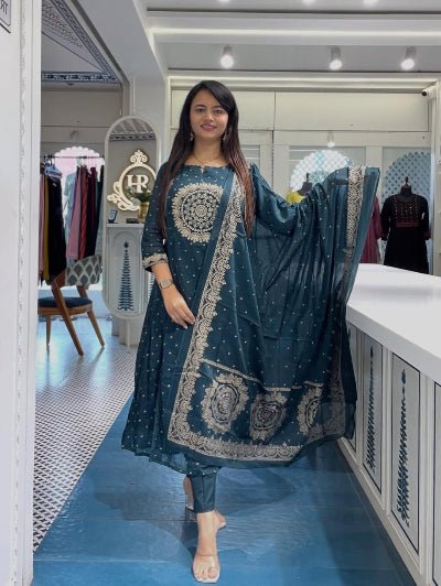 Elegant Teal Blue Cotton Embroidered Yoke Anarkali Suit Set - BONYHUBSALWAR KAMEEZ