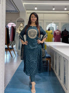 Elegant Teal Blue Cotton Embroidered Yoke Anarkali Suit Set - BONYHUBSALWAR KAMEEZ