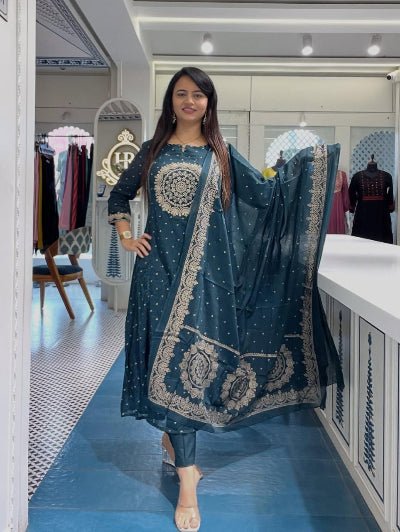 Elegant Teal Blue Cotton Embroidered Yoke Anarkali Suit Set - BONYHUBSALWAR KAMEEZ