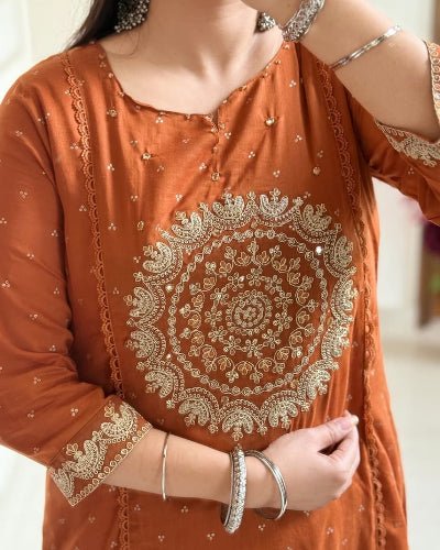 Dusty Orange Cotton Embroidered Yoke Anarkali Suit Set - BONYHUBSALWAR KAMEEZ