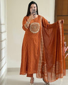 Dusty Orange Cotton Embroidered Yoke Anarkali Suit Set - BONYHUBSALWAR KAMEEZ