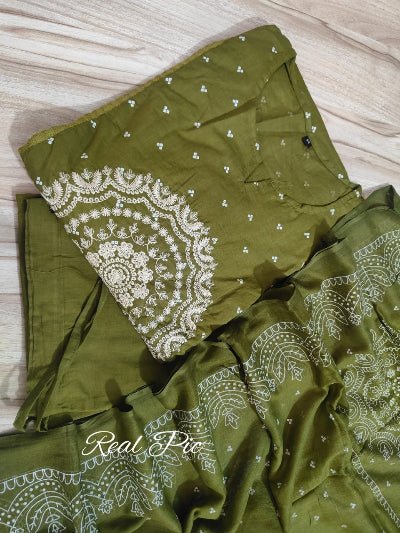 Beautiful Olive Green Cotton Embroidered Yoke Straight Suit Set - BONYHUBSALWAR KAMEEZ