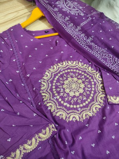 Stylish Purple Cotton Embroidered Yoke Straight Suit Set - BONYHUBSALWAR KAMEEZ