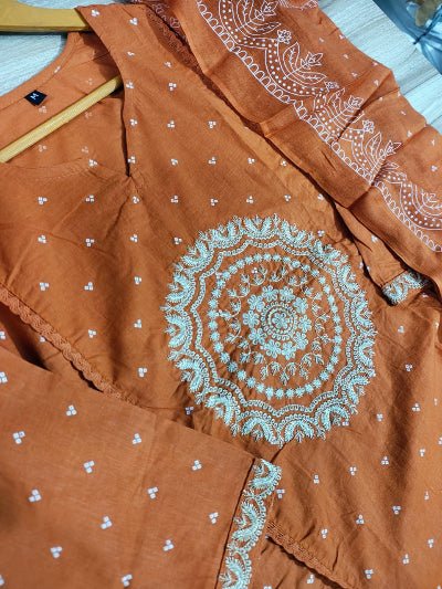 Dusty Orange Cotton Embroidered Yoke Anarkali Suit Set - BONYHUBSALWAR KAMEEZ