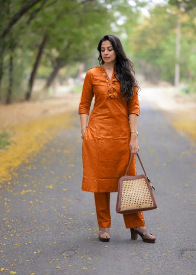 Classy Bright Orange Cotton V - Neck Kurti Pant Set Of 2 - BONYHUBSALWAR KAMEEZ