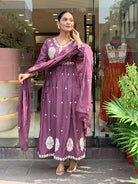 Onion Purple Embroidery Cotton Anarkali Suit Set - BONYHUBSALWAR KAMEEZ