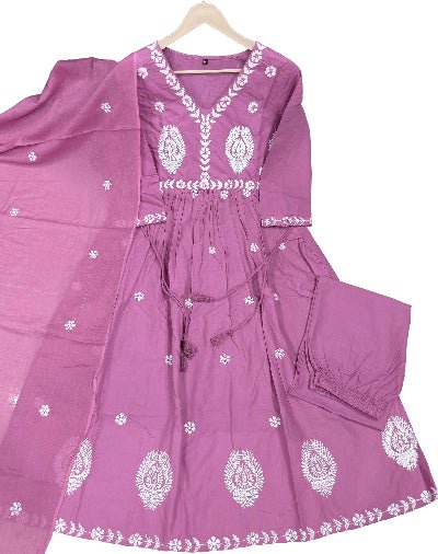 Onion Purple Embroidery Cotton Anarkali Suit Set - BONYHUBSALWAR KAMEEZ