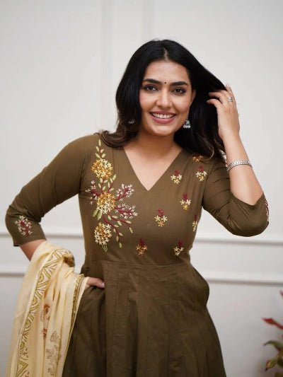 Stylish Olive Green Cotton Embroidery Anarkali Suit Set - BONYHUBSALWAR KAMEEZ