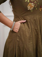 Stylish Olive Green Cotton Embroidery Anarkali Suit Set - BONYHUBSALWAR KAMEEZ