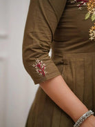 Stylish Olive Green Cotton Embroidery Anarkali Suit Set - BONYHUBSALWAR KAMEEZ