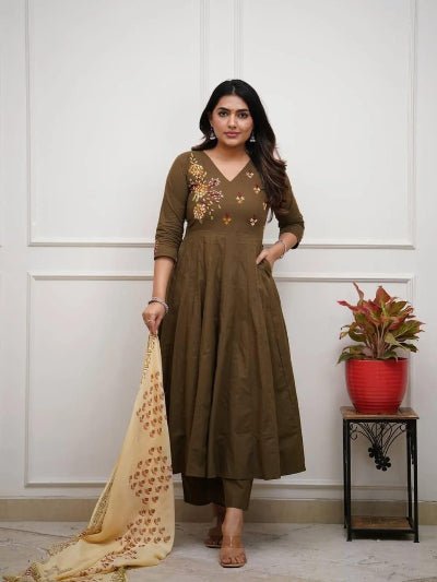 Stylish Olive Green Cotton Embroidery Anarkali Suit Set - BONYHUBSALWAR KAMEEZ