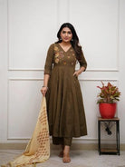 Stylish Olive Green Cotton Embroidery Anarkali Suit Set - BONYHUBSALWAR KAMEEZ