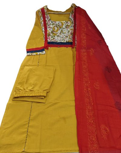 Mustard Yellow Cotton Embroidery Straight Suit Set - BONYHUBSALWAR KAMEEZ