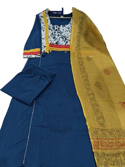 Elegant Blue Cotton Embroidery Straight Suit Set - BONYHUBSALWAR KAMEEZ