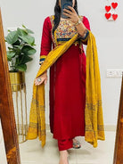 Classic Red Cotton Embroidery Straight Suit Set - BONYHUBSALWAR KAMEEZ