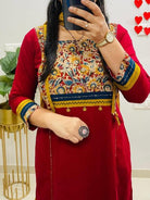 Classic Red Cotton Embroidery Straight Suit Set - BONYHUBSALWAR KAMEEZ