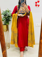 Classic Red Cotton Embroidery Straight Suit Set - BONYHUBSALWAR KAMEEZ