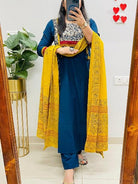 Elegant Blue Cotton Embroidery Straight Suit Set - BONYHUBSALWAR KAMEEZ