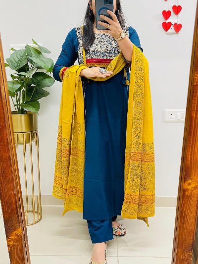 Elegant Blue Cotton Embroidery Straight Suit Set - BONYHUBSALWAR KAMEEZ