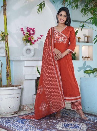 Stylish Orange Cotton Embroidery Anarkali Suit Set - BONYHUBSALWAR KAMEEZ