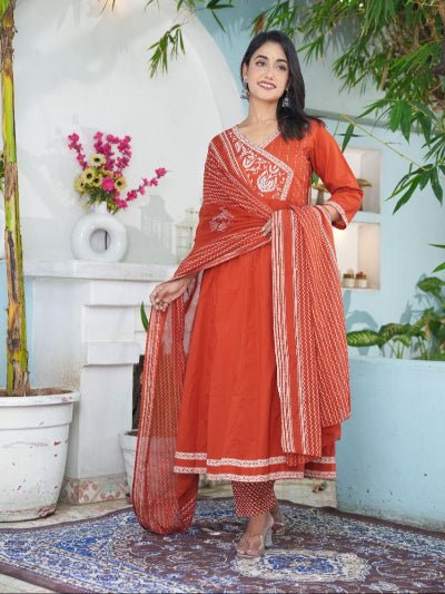 Stylish Orange Cotton Embroidery Anarkali Suit Set - BONYHUBSALWAR KAMEEZ