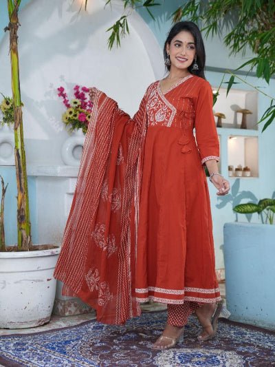 Stylish Orange Cotton Embroidery Anarkali Suit Set - BONYHUBSALWAR KAMEEZ