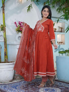 Stylish Orange Cotton Embroidery Anarkali Suit Set - BONYHUBSALWAR KAMEEZ