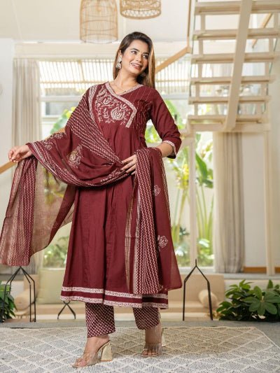 Elegant Maroon Cotton Embroidery Anarkali Suit Set - BONYHUBSALWAR KAMEEZ