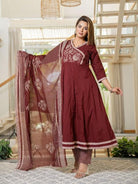 Elegant Maroon Cotton Embroidery Anarkali Suit Set - BONYHUBSALWAR KAMEEZ