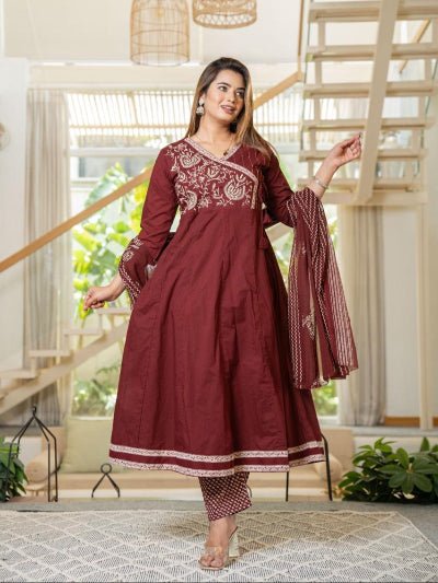Elegant Maroon Cotton Embroidery Anarkali Suit Set - BONYHUBSALWAR KAMEEZ