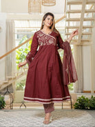 Elegant Maroon Cotton Embroidery Anarkali Suit Set - BONYHUBSALWAR KAMEEZ